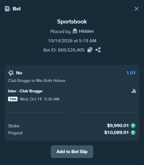 Bet slip: Inter - Club Brugge, $10,000.00 stake at 1.01 odds, placed by korehato