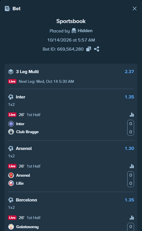 Bet slip: Inter - Club Brugge, $10,000.00 stake at 1.35 odds, placed by KOHINUR7474