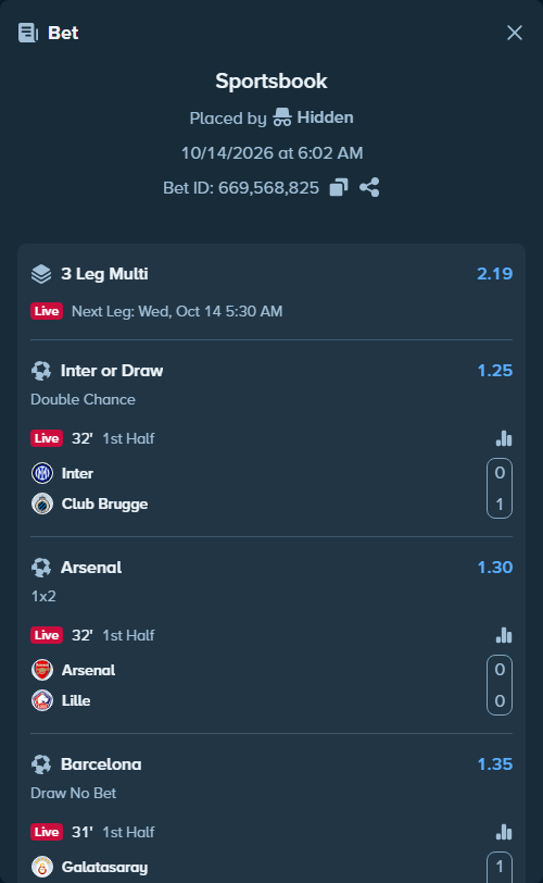 Bet slip: Inter - Club Brugge, $20,000.00 stake at 1.25 odds, placed by KOHINUR7474
