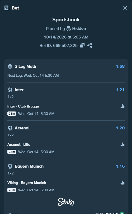 Bet slip: Inter - Club Brugge, $22,414.00 stake at 1.21 odds, placed by ArdianHertica