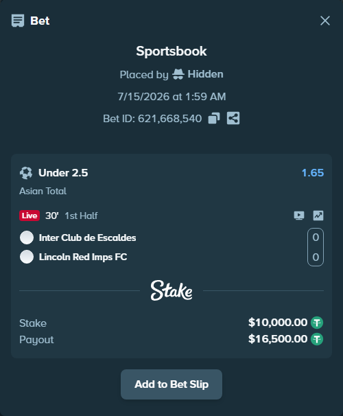Bet slip: Inter Club de Escaldes - Lincoln Red Imps, $10,000.00 stake at 1.65 odds, placed by Hidden