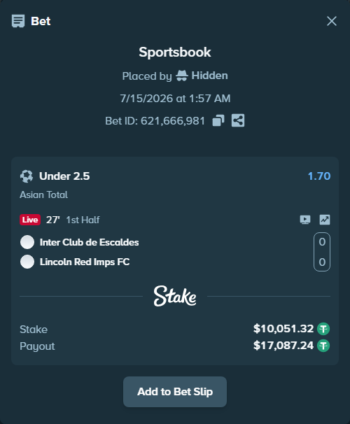 Bet slip: Inter Club de Escaldes - Lincoln Red Imps, $10,051.32 stake at 1.70 odds, placed by Hidden