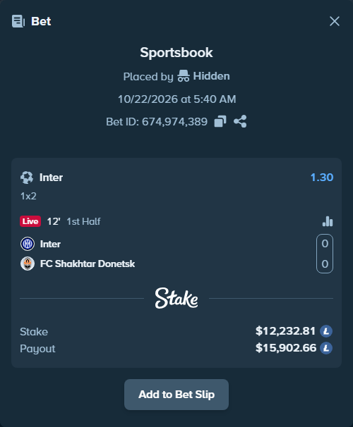 Bet slip: Inter - FC Shakhtar Donetsk, $11,989.33 stake at 1.30 odds, placed by Ing79J