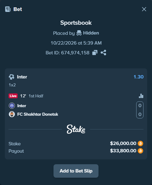 Bet slip: Inter - FC Shakhtar Donetsk, $25,496.85 stake at 1.30 odds, placed by Hallfkh