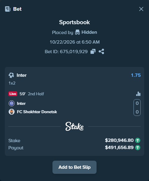 Bet slip: Inter - FC Shakhtar Donetsk, $281,227.74 stake at 1.75 odds, placed by Hidden