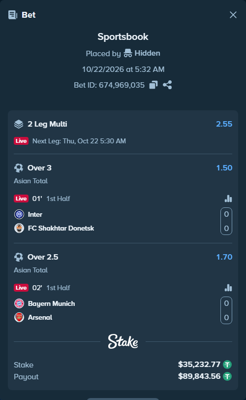 Bet slip: Inter - FC Shakhtar Donetsk, $35,268.00 stake at 1.50 odds, placed by tlwns4736