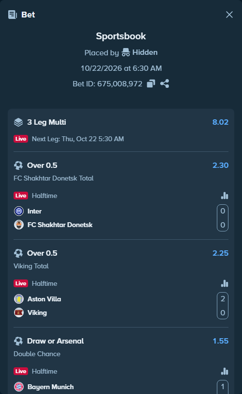 Bet slip: Inter - FC Shakhtar Donetsk, $50,000.00 stake at 2.30 odds, placed by Hidden