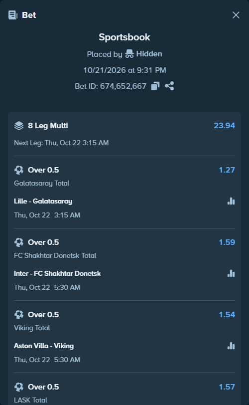 Bet slip: Inter - FC Shakhtar Donetsk, $82,000.00 stake at 1.59 odds, placed by Hidden