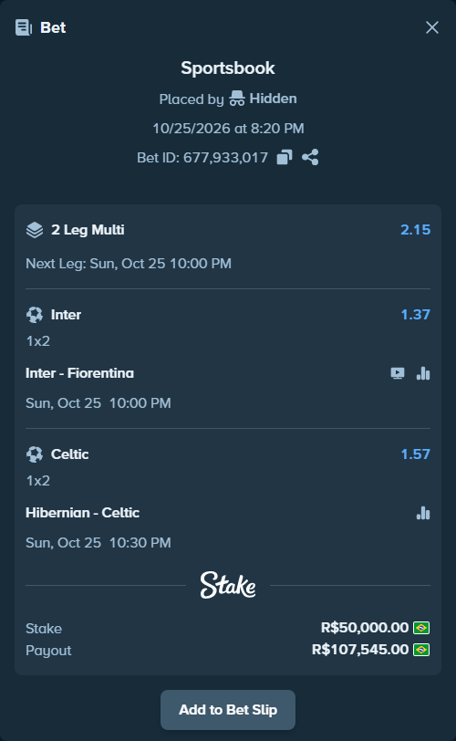 Bet slip: Inter - Fiorentina, $10,000.00 stake at 1.37 odds, placed by Carbuti1910
