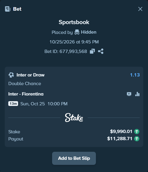 Bet slip: Inter - Fiorentina, $10,000.00 stake at 1.13 odds, placed by joche00