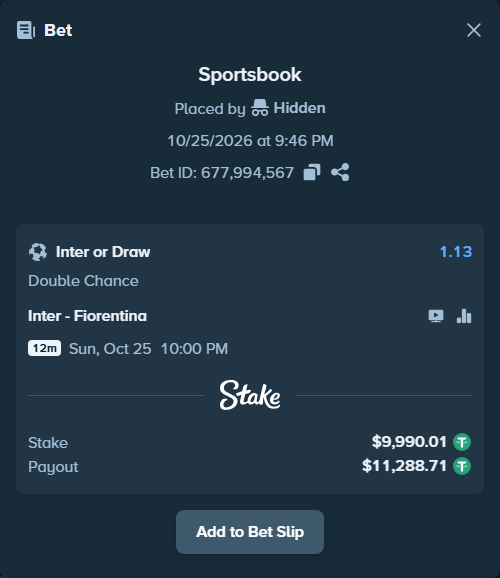 Bet slip: Inter - Fiorentina, $10,000.00 stake at 1.13 odds, placed by pifkopriss