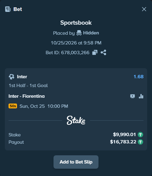 Bet slip: Inter - Fiorentina, $10,000.00 stake at 1.68 odds, placed by ArdianHertica