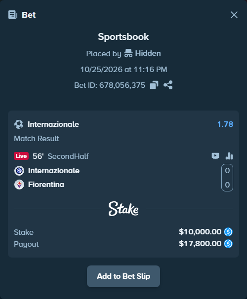 Bet slip: Inter - Fiorentina, $10,000.00 stake at 1.78 odds, placed by mathiasjuel