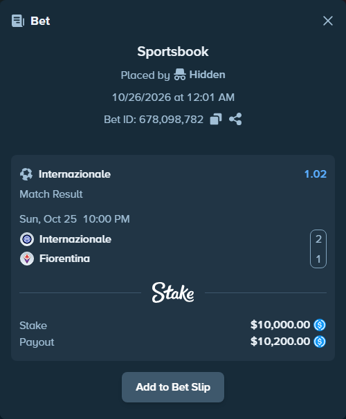 Bet slip: Inter - Fiorentina, $10,000.00 stake at 1.02 odds, placed by Charskjerdal
