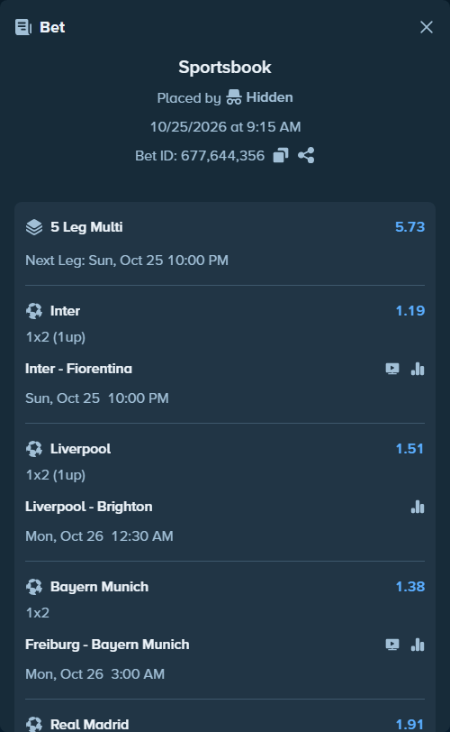 Bet slip: Inter - Fiorentina, $10,010.00 stake at 1.19 odds, placed by Hidden