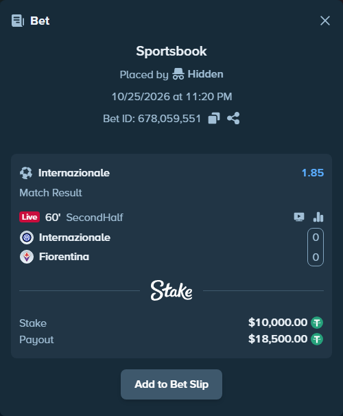 Bet slip: Inter - Fiorentina, $10,010.00 stake at 1.85 odds, placed by Eliabro