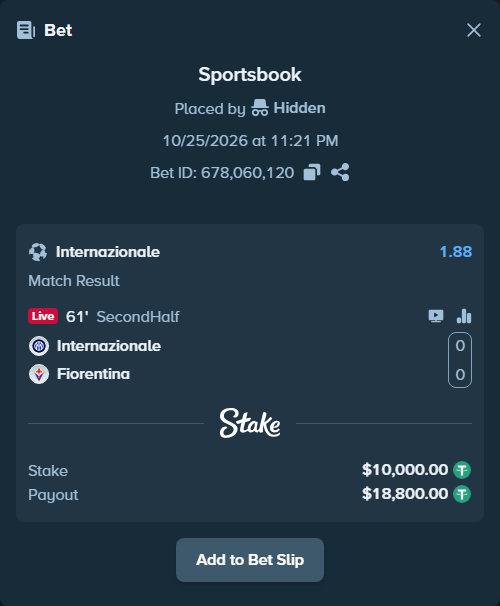 Bet slip: Inter - Fiorentina, $10,010.00 stake at 1.88 odds, placed by Eliabro