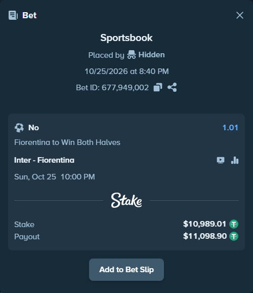 Bet slip: Inter - Fiorentina, $11,000.00 stake at 1.01 odds, placed by Deb188