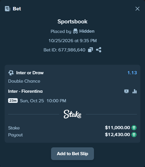 Bet slip: Inter - Fiorentina, $11,011.00 stake at 1.13 odds, placed by MitchellWit