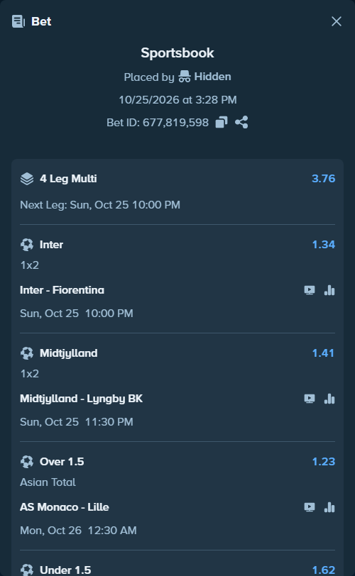 Bet slip: Inter - Fiorentina, $13,473.46 stake at 1.34 odds, placed by Hidden