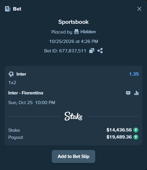 Bet slip: Inter - Fiorentina, $14,451.00 stake at 1.35 odds, placed by sumadroso