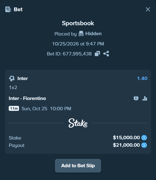 Bet slip: Inter - Fiorentina, $15,000.00 stake at 1.40 odds, placed by Hareid