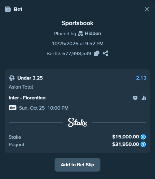 Bet slip: Inter - Fiorentina, $15,000.00 stake at 2.13 odds, placed by pixlven