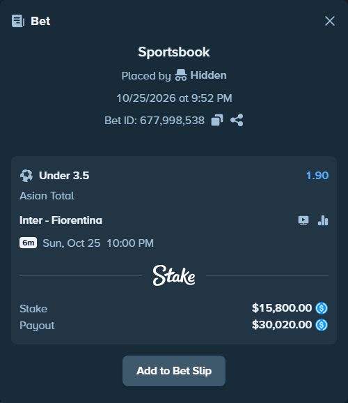 Bet slip: Inter - Fiorentina, $15,800.00 stake at 1.90 odds, placed by pixlven