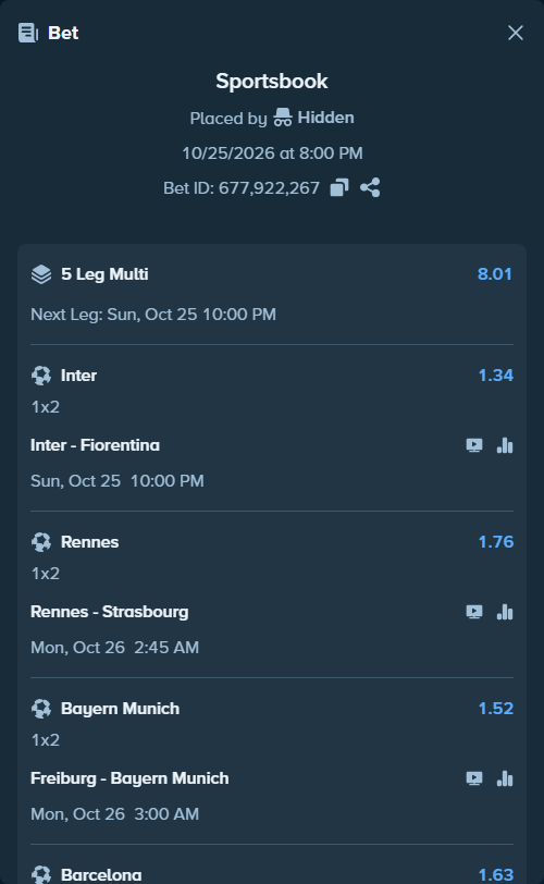 Bet slip: Inter - Fiorentina, $16,000.00 stake at 1.34 odds, placed by Hidden