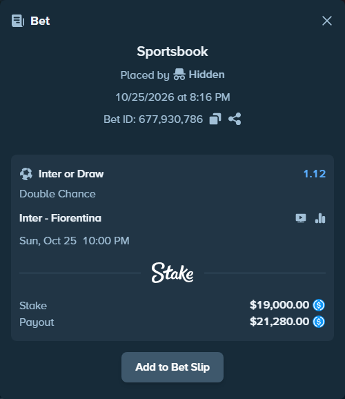 Bet slip: Inter - Fiorentina, $19,000.00 stake at 1.12 odds, placed by Lefzinatoren