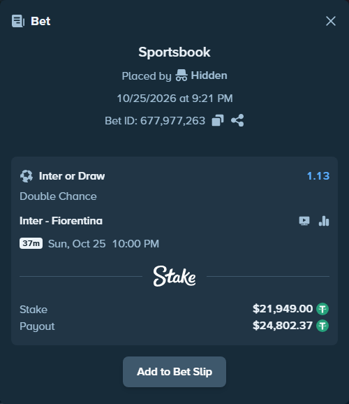 Bet slip: Inter - Fiorentina, $21,970.95 stake at 1.13 odds, placed by joarug