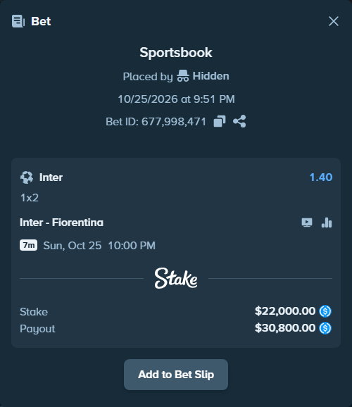 Bet slip: Inter - Fiorentina, $22,000.00 stake at 1.40 odds, placed by Erfanabol