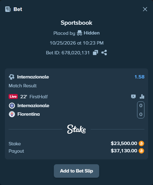 Bet slip: Inter - Fiorentina, $23,557.56 stake at 1.58 odds, placed by Espnik