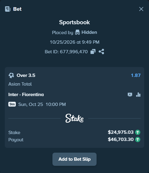 Bet slip: Inter - Fiorentina, $25,000.00 stake at 1.87 odds, placed by playppt