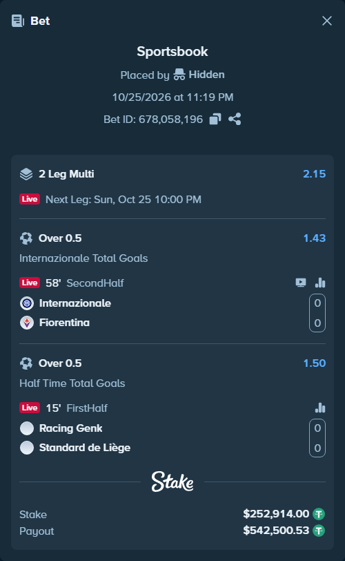 Bet slip: Inter - Fiorentina, $253,166.91 stake at 1.43 odds, placed by Hidden