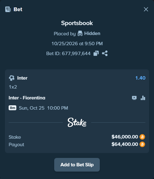 Bet slip: Inter - Fiorentina, $46,149.89 stake at 1.40 odds, placed by Hallfkh