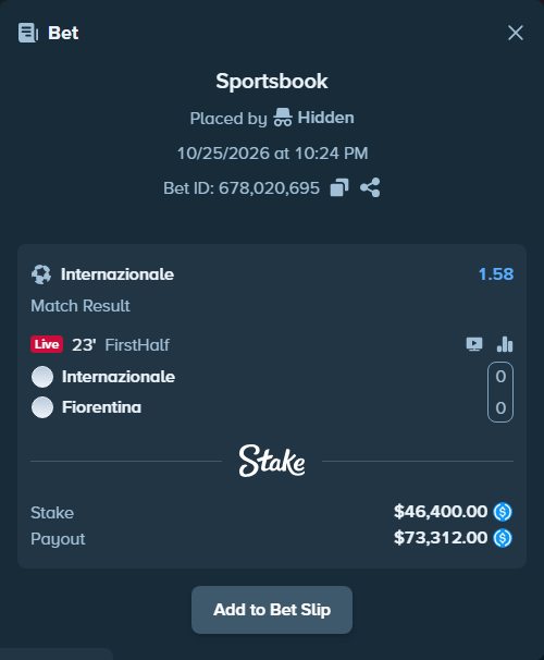 Bet slip: Inter - Fiorentina, $46,400.00 stake at 1.58 odds, placed by Molle59