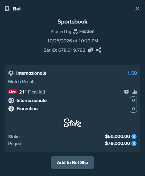 Bet slip: Inter - Fiorentina, $50,000.00 stake at 1.58 odds, placed by Molle59
