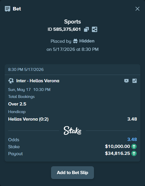 Bet slip: Inter - Hellas Verona, $10,000.00 stake at 1.94 odds, placed by Snake7
