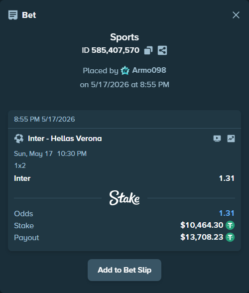 Bet slip: Inter - Hellas Verona, $10,464.30 stake at 1.31 odds, placed by Armo098