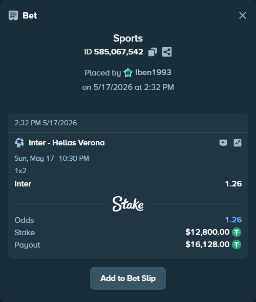Bet slip: Inter - Hellas Verona, $12,800.00 stake at 1.26 odds, placed by Iben1993