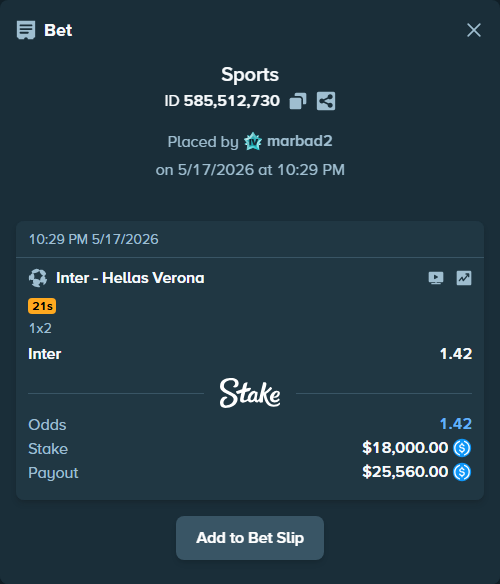 Bet slip: Inter - Hellas Verona, $18,000.00 stake at 1.42 odds, placed by marbad2