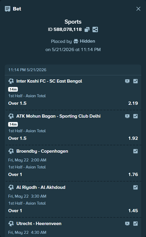 Bet slip: Inter Kashi FC - SC East Bengal, $10,000.00 stake at 2.19 odds, placed by Hidden