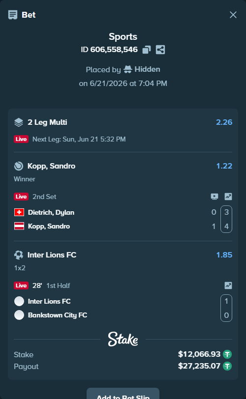 Bet slip: Inter Lions FC - Bankstown City FC, $12,079.00 stake at 1.85 odds, placed by Hidden