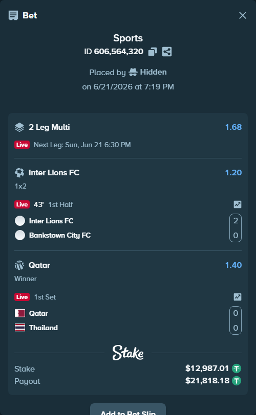 Bet slip: Inter Lions FC - Bankstown City FC, $13,000.00 stake at 1.20 odds, placed by Hidden
