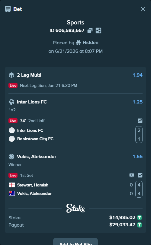 Bet slip: Inter Lions FC - Bankstown City FC, $15,000.00 stake at 1.25 odds, placed by Hidden