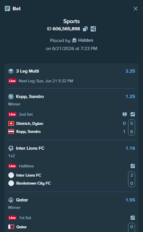 Bet slip: Inter Lions FC - Bankstown City FC, $17,206.00 stake at 1.16 odds, placed by Hidden