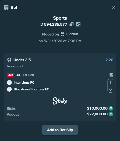 Bet slip: Inter Lions FC - Blacktown Spartans FC, $10,010.00 stake at 2.20 odds, placed by Hidden