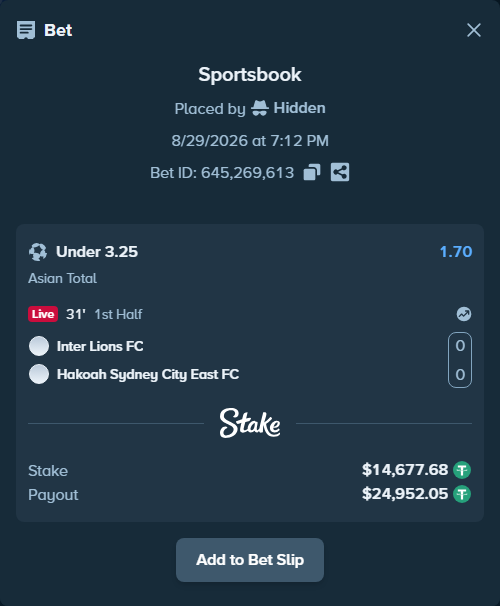 Bet slip: Inter Lions FC - Hakoah Sydney City East FC, $14,677.68 stake at 1.70 odds, placed by Hidden