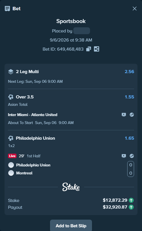 Bet slip: Inter Miami - Atlanta United, $12,871.00 stake at 1.55 odds, placed by KOHINUR7474